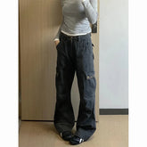 Lunivop American Multiple Pockets Cargo Jeans Women Vintage Patchwork Design Gray Wide Leg Denim Pants Cool Punk Baggy Straight Trousers
