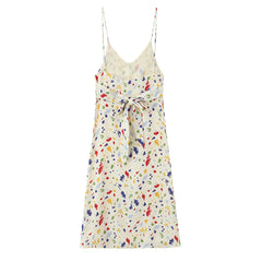 Lunivop Holiday Women Beige with Colored Geometric Dot Print Sling Dress V Collar Tie Bow Back Midi Long Dresses Vestidos Summer Robe