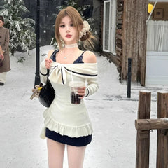 Lunivop Elegant Sexy Two-piece Set Mini Dress Women Coquette Off Shoulder Evening Party Dress Sweet Korean Style Ruffle Dresses