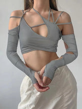 Lunivop Spring Summer Punk Women Halter Tops Gothic E-girl Patchwork Hollow Out Long Sleeve Crop Top Sexy Cut Out Casual T-shirts