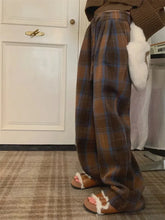 Lunivop Faux Woolen Warm Plaid Pants Women Vintage Harajuku High Waist Wide Leg Trousers Streetwear Retro Loose Casual Fall Winter Pant