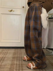 Lunivop Faux Woolen Warm Plaid Pants Women Vintage Harajuku High Waist Wide Leg Trousers Streetwear Retro Loose Casual Fall Winter Pant
