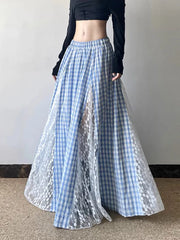 Lunivop Lace Patchwork Plaid Long Skirts Women Vintage Loose Sexy A Line Skirt French Retro Elegant Lady Design Sweet Casual Skirt