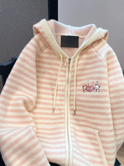 Lunivop Pink Striped Sweet Cardigan Women Cute Cartoon Long Sleeve Knitted Sweaters Vintage Kawaii Preppy Style Japan Pockets Tops Coats