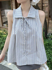 Lunivop Sweet Sleeveless Striped Shirts Women Loose Sweet Vintage Lace Up Blouse French Elegant Casual Summer Female All Match Tops