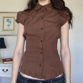 Lunivop American Preppy Turn Down Collar Puff Short Sleeve Blouse Y2k Vintage Draped Slim Waist Single Breasted T Shirts Punk Clothes