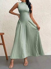 Lunivop Elegant Pleated Slim A-Line Sleeveless High Neck Maxi Dress