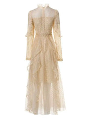 Lunivop Solid Lace Splice Dot Women's Dresses Stand Neck Long Sleeve High Waist Elegant Dress Female Autumn 2025 New