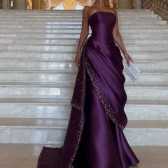 Lunivop Grape Purple Evening Dress Customized Strapless Pleated Satin Sequin Mermaid Prom Gowns Lace-up Back Party Dress