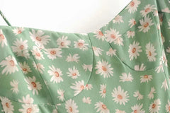 Lunivop French Summer Green Flower Print Bandage Spaghetti Strap Slit Long Dress Retro Sexy Women Lacing Up Sling Dresses Vestido