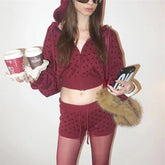 Lunivop Y2K Two Piece Knit Polka Dot Matching Set Zip Up Long Sleeve Cropped Hoodie Cardigans and Shorts Spring Fall Women