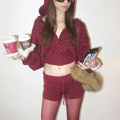 Lunivop Y2K Two Piece Knit Polka Dot Matching Set Zip Up Long Sleeve Cropped Hoodie Cardigans and Shorts Spring Fall Women