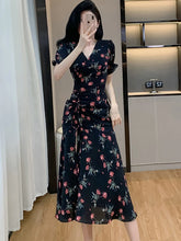 Lunivop Women Elegant Long One-piece Dress Gown Summer Black Floral Puff Sleeve V-Neck Luxury Dress 2025 Korean Bodycon Festival Dresses