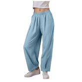 Lunivop Comfy Womens Linen Pants Elastic High Waist Pure Color Pants With Pockets Casual Loose Wide Leg Oversize Trousers