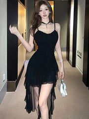 Lunivop Black Patchwork Mesh Ruffled Sexy Club Dress Summer Pleated Bodycon Sling Dress Women Korean Vintage Hepburn Evening Dress