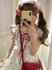 Lunivop Summer Kawaii Lolita Dress Women Sweet Cherry Print Lace Ruffles Patchwork Plaid Party Mini Dresses Female Cute Princess Dress