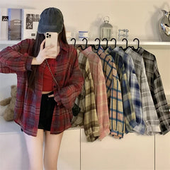 Lunivop Tops Women Sheer Chiffon Plaid Shirt Long Sleeve Button Up Collared Oversize Checked Shirts and Blouse Summer Casual Outfit