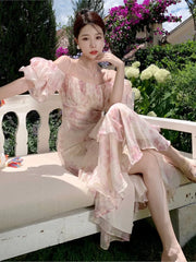 Lunivop French Style Floral Print Long Dresses For Women Elegant Halter Backless Puff Sleeve Dress Summer Holiday A-Line Vestidos