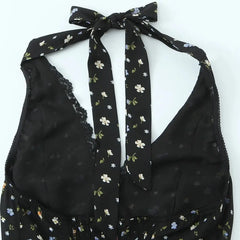 Lunivop Sexy Black Floral Print Spliced Lace Bow Halter V Collar Backless Mini Dress Women Elastic Zipper Back A-line Short Robe Holiday