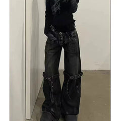 Lunivop Y2K Black Women's Jeans Hip Hop High Waist Straight Harajuku Star Pant Female Streetwear Fashion Wide Leg Denim Trouser