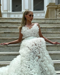 Lunivop Beauty Lush Ruffles Tiered Tulle Bridal Dressese For Wedding V Neck Mesh Wedding Gowns With Train Puffy Pleated Ruffled Dressing