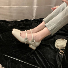 Lunivop Autumn Women Fashion Shiny Flower Double Buckle Mary Janes Shoes Patent Leather Dress Square Head Mid Heel Women's Shoes