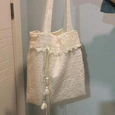 Lunivop Harajuku Beige Canvas Shoulder Bags Women Vintage Lace Large Capcity Tote Bag Purse Female Versatile Casual Handbag Y2k