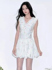Lunivop Floral V Neck Sexy Dress Women Casual Elegant Sleeveless Mini Dress Vintage Lace Up Female Korean Summer Beach Style Dress