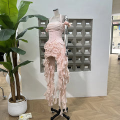 Lunivop Fashion Women Dress Sleeveless Slash Neck Solid Color Tassel Strapless Irregular Female Party Dress New Tide