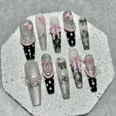 Lunivop 10PCS Y2K Black Pink French Handmade Press On Nails Cute Lace Ribbon Polka Dot Bow Long Nail Art Sweet Edgy Glitter Fake Nails