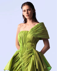 Lunivop Green Pleated Evening Dresses One Shoulder Side Slit Pleats Satin Mermaid Formal Prom Dress Princess Ruffle Celebrity Party Gown