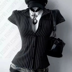 Lunivop Women's Blouse Polo Neck Short Sleeve Striped Single Breasted Regular Length Tops For Women Female Clothing Woman Clothes