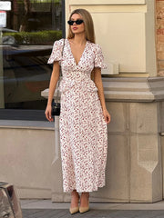 Lunivop Floral Ruffles Patchwork Maxi Dress Women Summer V-neck Puff Sleeve High Waist Fashion Robes Lady Elegant Prty Long Drsss 2025