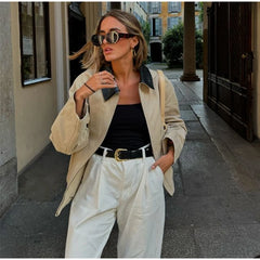 Lunivop Panelled Polo Turn-down Collar Jackets Women Casual Loose Zipper Long Sleeved Jacket Female Autumn Chic High Street Outwear Tops