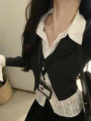 Lunivop Fake Two Piece Patchwork Lapel Neck Shirts Women Early Autumn New Black Blouses Y2k Slim Fit Long Sleeve Blusas Mujer