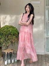 Lunivop Pink Tie Dye Beach Long Dress Women Elegant Casual Sleeveless Sweet Tanks Dress Casual Vintage Summer Lady Loose Long Dress
