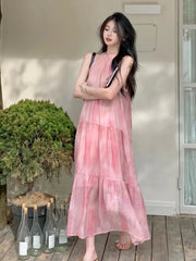 Lunivop Pink Tie Dye Beach Long Dress Women Elegant Casual Sleeveless Sweet Tanks Dress Casual Vintage Summer Lady Loose Long Dress