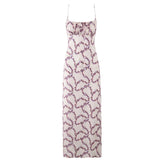 Lunivop Sexy Light Pink Floral Print Backless Sling Dress Holiday Woman Bow Ruched Chest Midi Long Dresses Beach Holiday Robe Vestidos