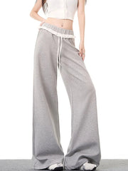 Lunivop Elegant Vintage Gray Sweatpants Women High Waist Korean Sweet Wide Leg Pant Fall Retro Loose Ruffles Pockets Lady Trousers
