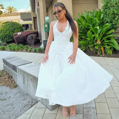 Lunivop Summer Women's American Fashion Simple Commuter Hanging Neck V-neck Solid Color Ruffle Skirt Long Dresses Women's New