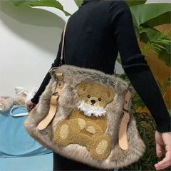Lunivop Vintage Bear Plush Y2k Handbag Women Hot Girl Sweet Casual Brown Shoulder Crossbody Bag Female Large Capacity Cute Purse