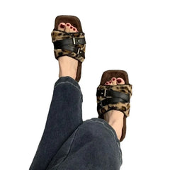 Lunivop Comwarm Winter Fluffy Fur Slippers Women Fashion Leopard Buckle Slippers Open Toe Flats Cotton Shoes Comfort Outdoor Slippers