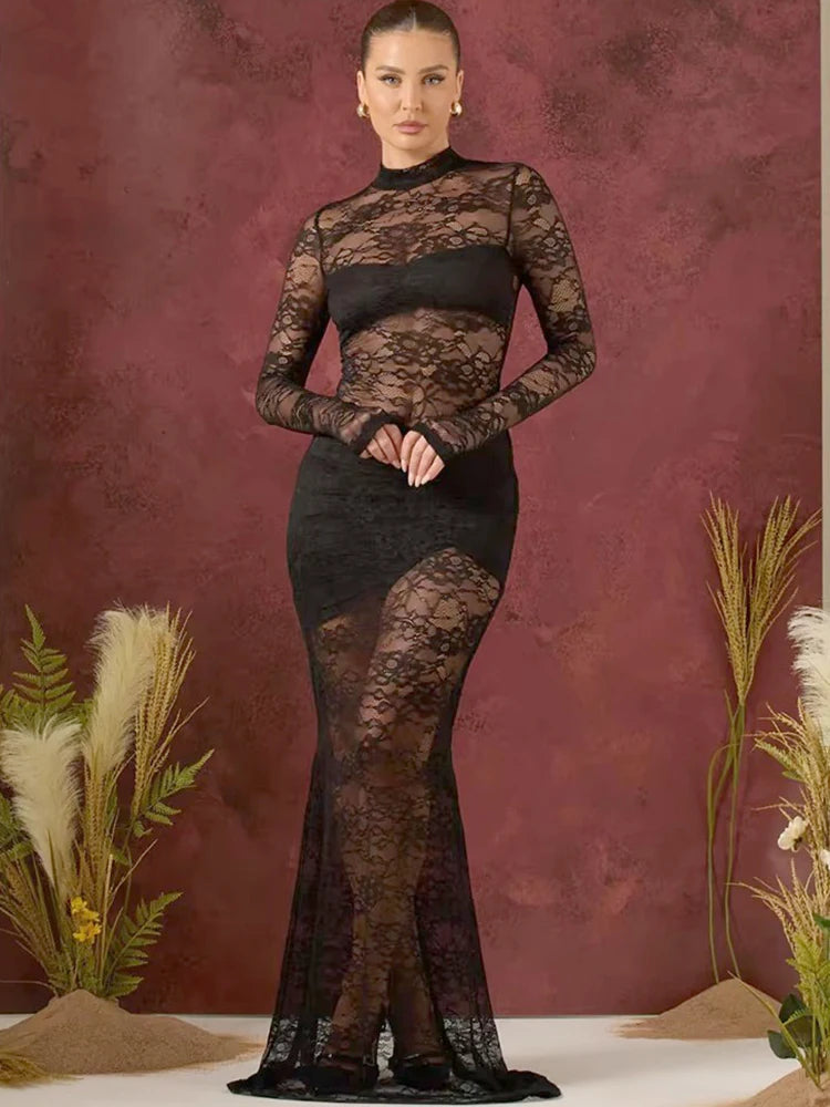 Lunivop Sexy Sheer Lace Two Piece Sets Women Skirt Suit Long Sleeve Bodysuit Long Skirt Female Spring Skinny Elegant Skirt Sets