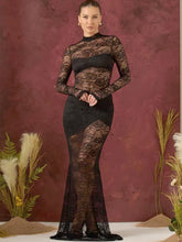 Lunivop Sexy Sheer Lace Two Piece Sets Women Skirt Suit Long Sleeve Bodysuit Long Skirt Female Spring Skinny Elegant Skirt Sets