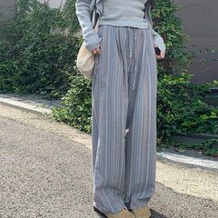 Lunivop 100% Cotton Casual Homewear Striped Trousers Women New Korean Summer Drawstring Elastic Waist Loose Pant Sleeping Pants