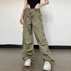 Lunivop Loose Casual Pocket Lace Up Cargo Pants Streetwear Wide Leggings Autumn Winter Fashion Trousers High Waist Women Pants