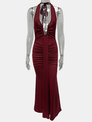 Lunivop European American Elegant vacation style Sexy Streetwear hanging neck backless deep V-neck solid color Bodycon long Dress