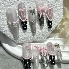 Lunivop 10PCS Y2K Black Pink French Handmade Press On Nails Cute Lace Ribbon Polka Dot Bow Long Nail Art Sweet Edgy Glitter Fake Nails