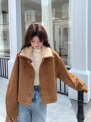 Lunivop Streetwear Faux Lamb Suede Coat Women Double Sided Wear Retro Y2K Jacket Winter Warm Design Long Sleeve American New Tops