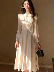 Lunivop Elegant French Satin Vintage Midi Dress Spring New Office Lady Lace-up Long Sleeves Slim Wasit Korean Chic Vestidos Basics